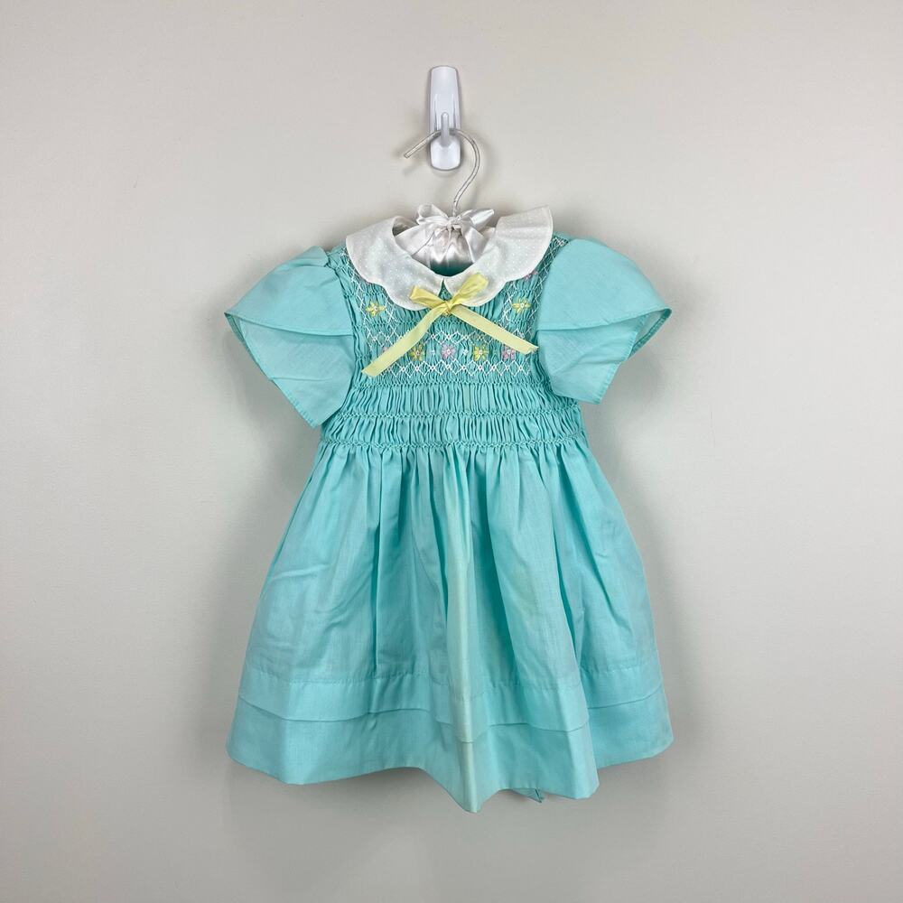 Vintage Polly Flinders Smocked Smocked Aqua Dress 2T